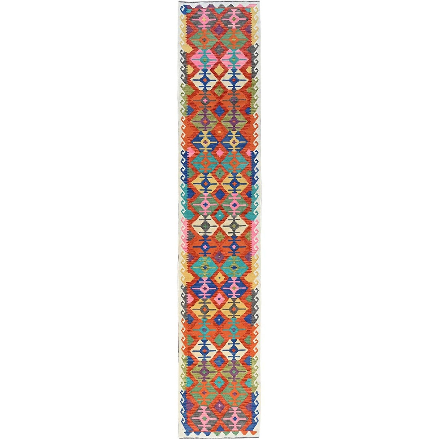 2'9"X15'10" Orange Afghan Kilim Pure Wool Flat Weave Hand Woven Runner Rug