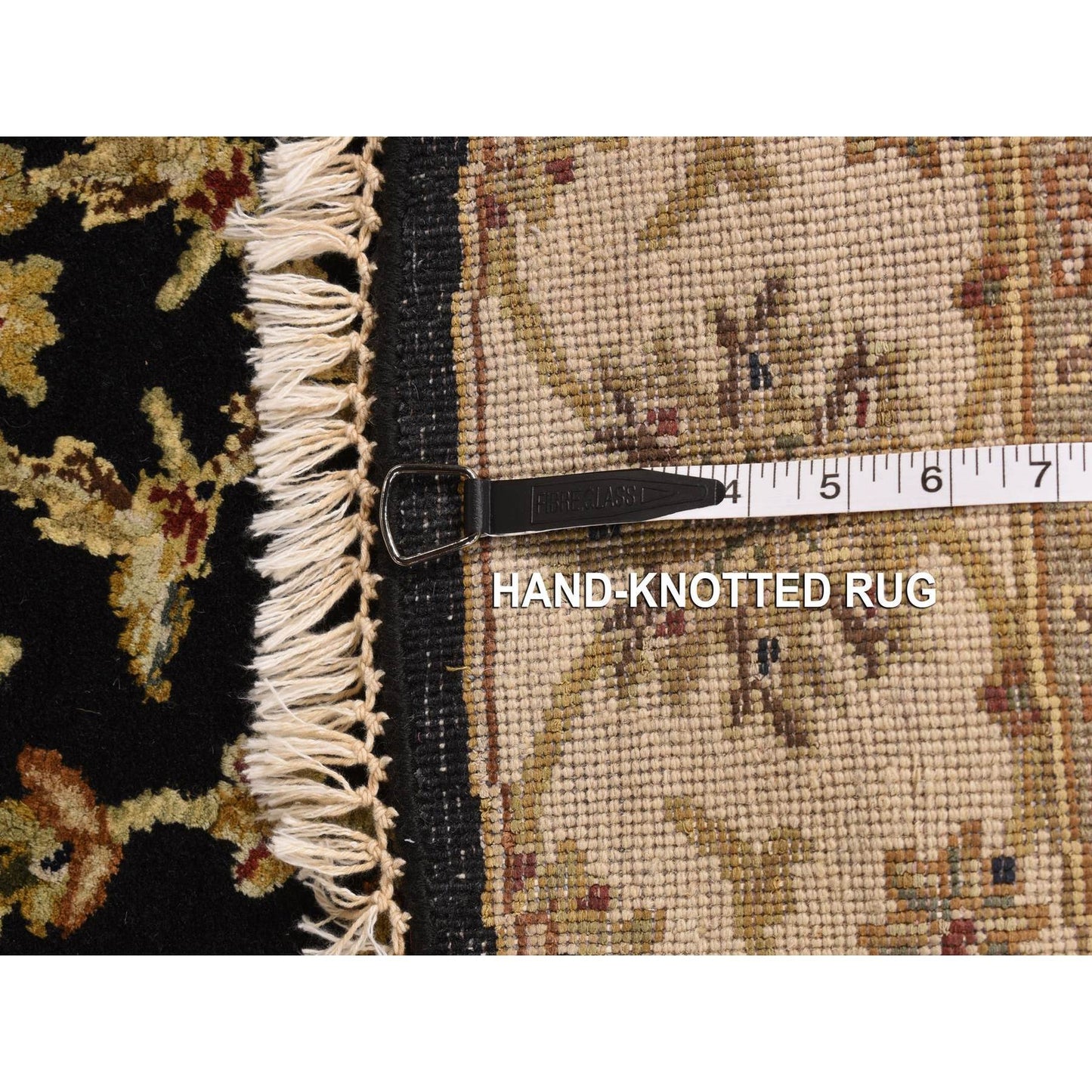 4'2"X4'2" Black Rajasthan Hand Knotted Half Wool And Half Silk Round Rug
