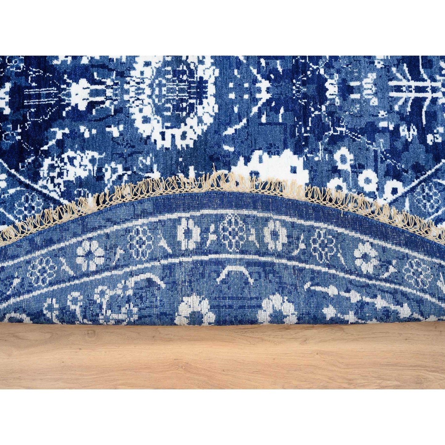 8'2"X8'2" Denim Blue Wool And Silk Hand Knotted Tebraz Round Rug