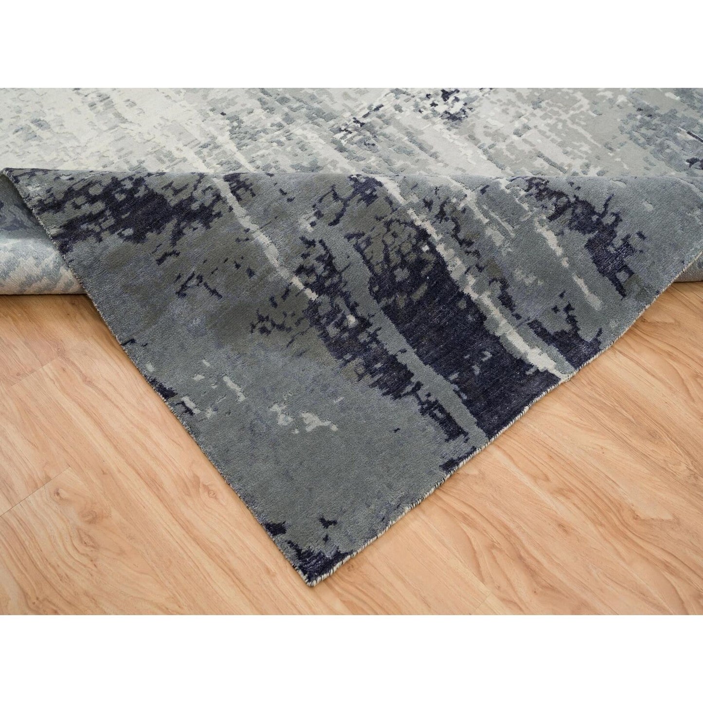 10'1"X14'1" Black Hand Knotted Modern Abstract Design Wool And Silk Rug