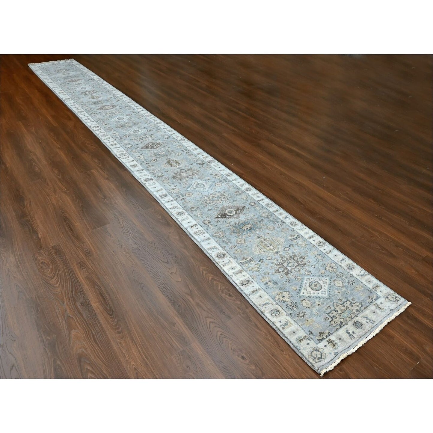 2'9"X21'10" Misty Gray Pure Wool Hand Knotted Karjihooz Design Runner Rug
