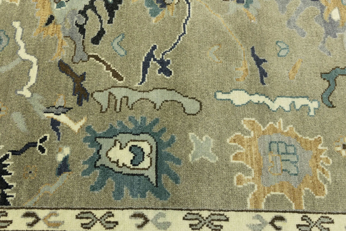 Khaki Floral Oushak Chobi Oriental Rug Handmade