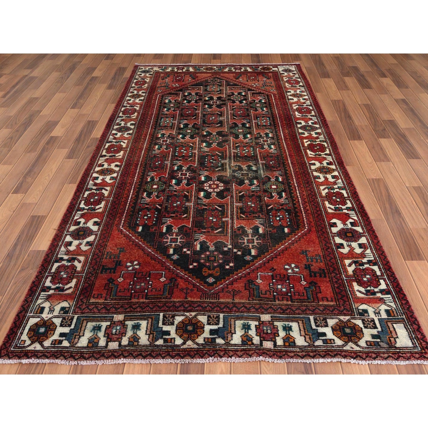 5'X9'10" Semi Antique Hand Knotted Red Farsian Sheeraz Sheared Low Rug