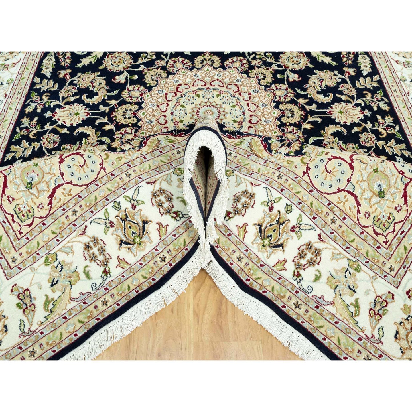 7'9"X9'9" Dark Night Blue Nain Floral Design 250 Kpsi Hand Knotted Rug