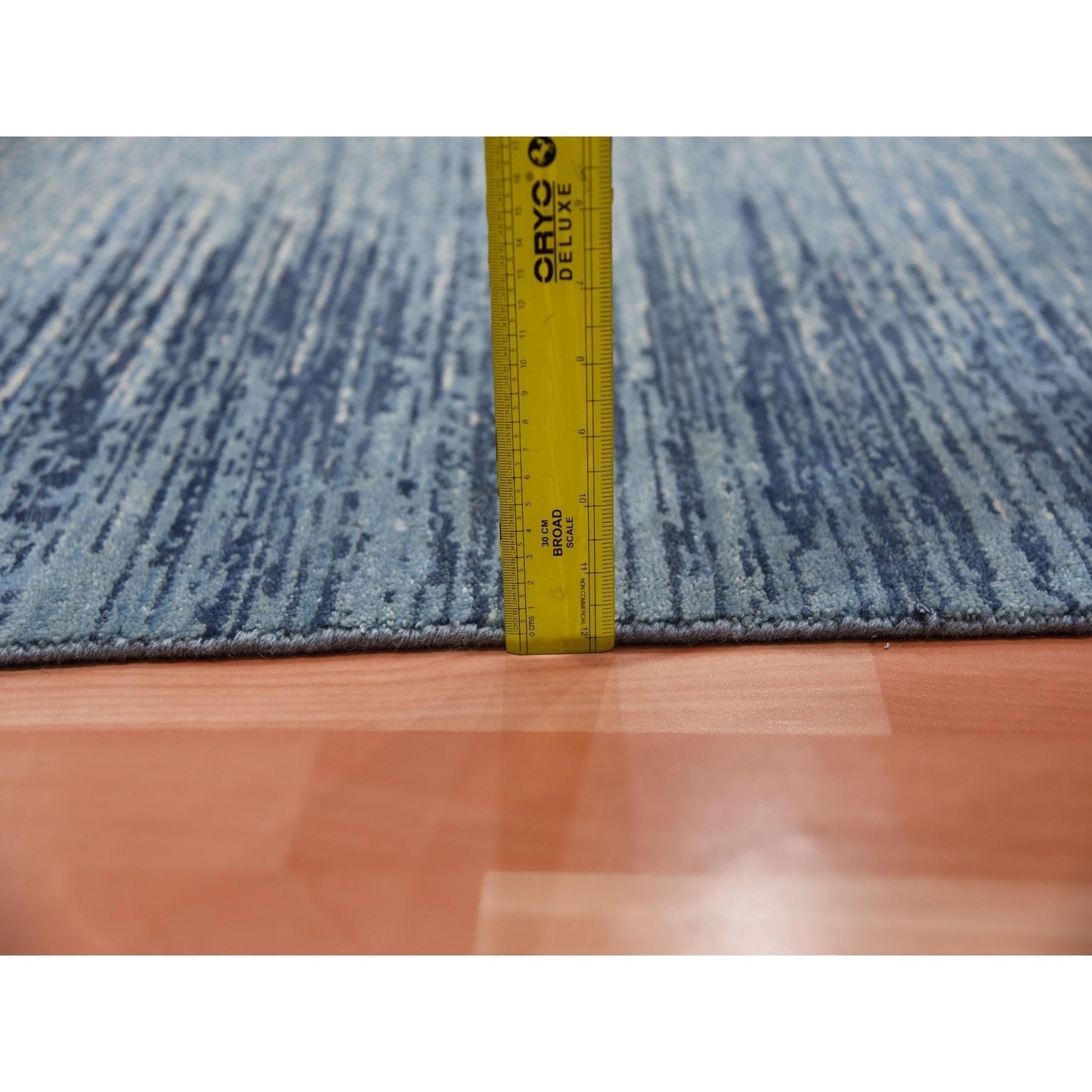 4'1"X12'2"Blue Ivory Hand Knotted Wool Horizontal Ombre Design Runner Rug