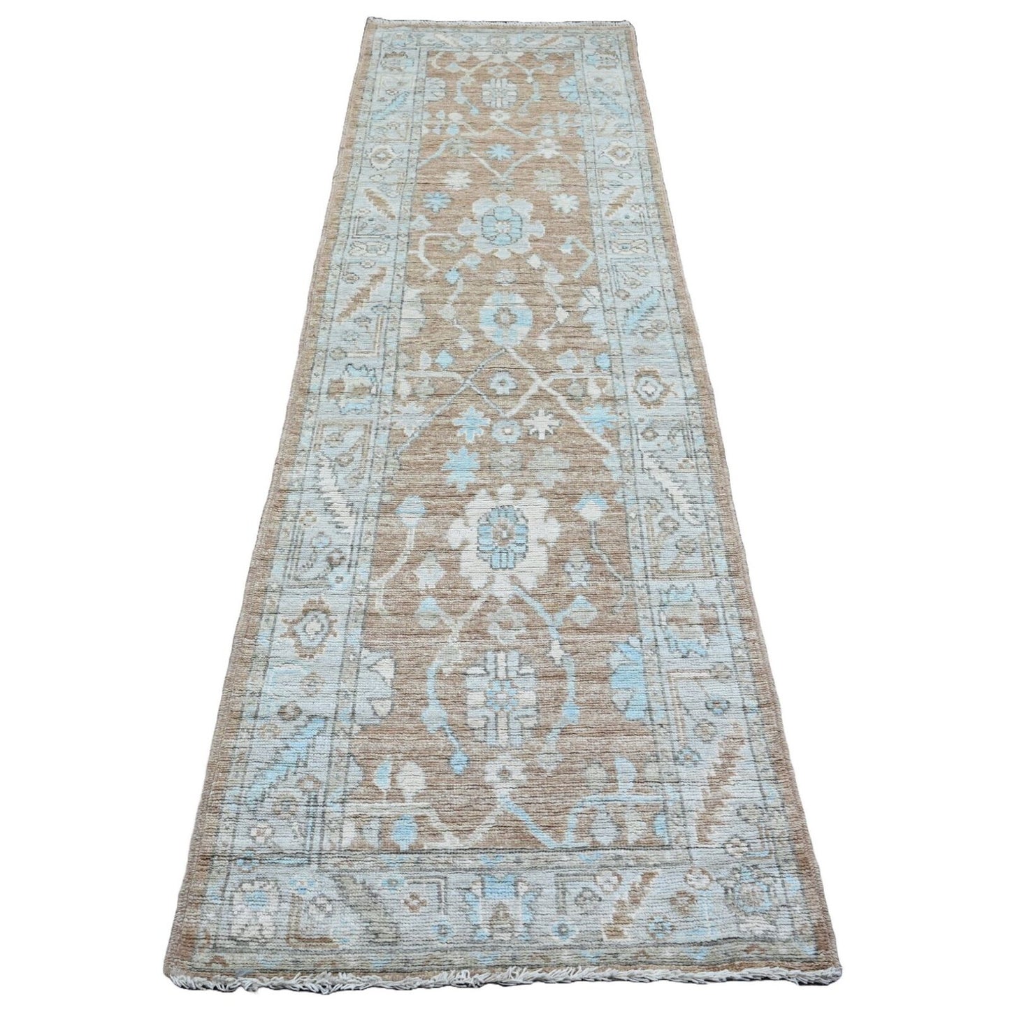 2'9"X9'6" Brown Angora Oushak Leaf Design Hand Knotted Wool Runner Rug