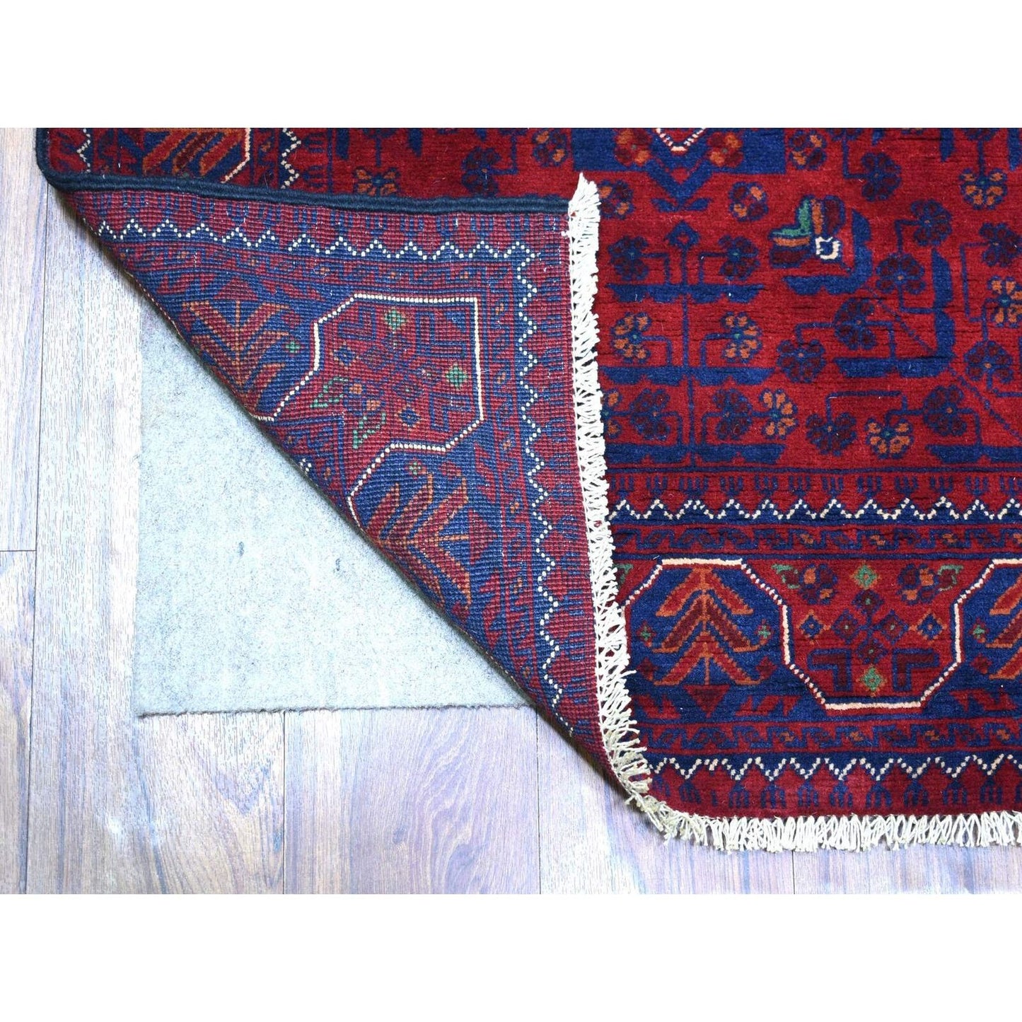 2'8"X12'9" Deep Red Afghan Khamyab Soft Wool Hand Knotted Runner Rug