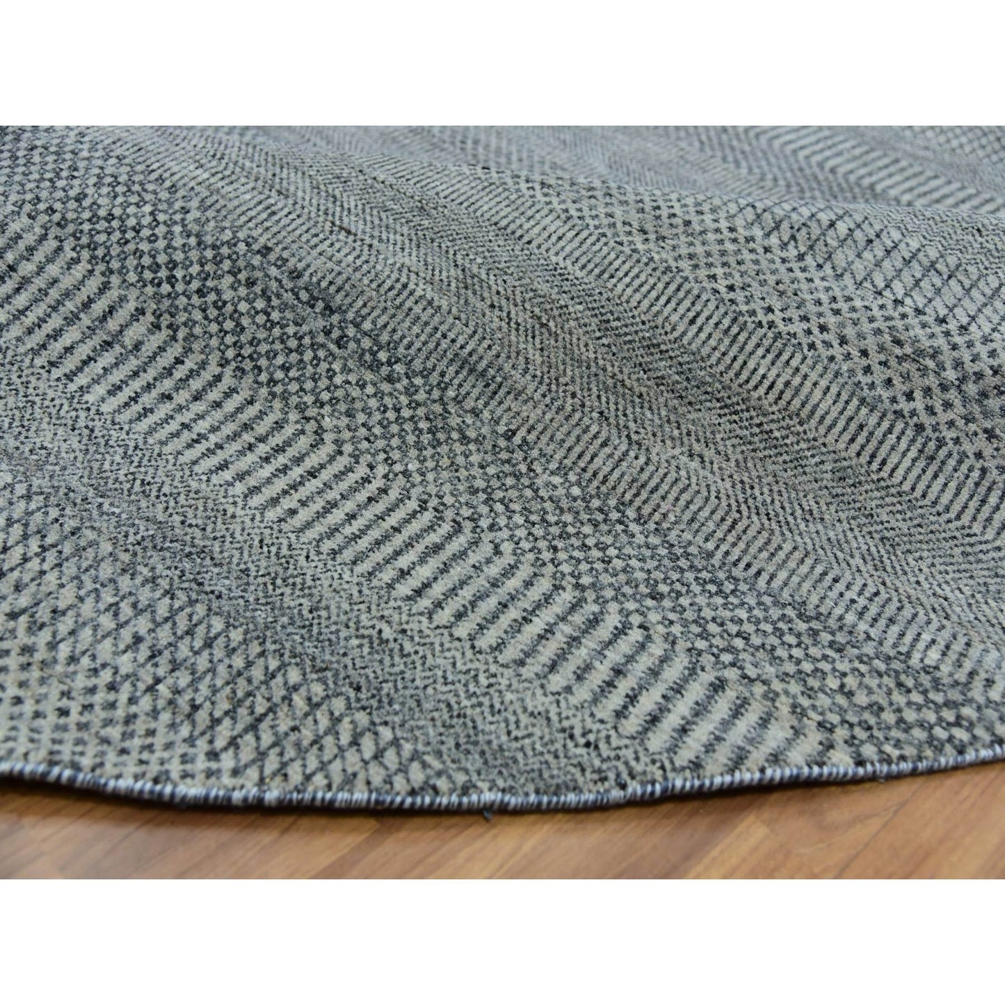 10'X10' Trout Gray Hand Knotted Modern Grass Design Undyed Wool Round Rug