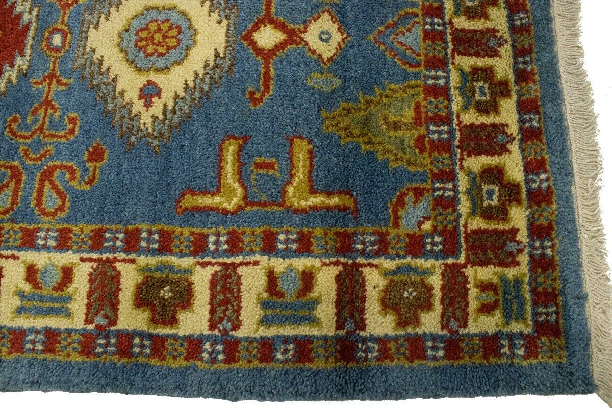 Kazak Oriental Rug Blue Geometric Tribal Style