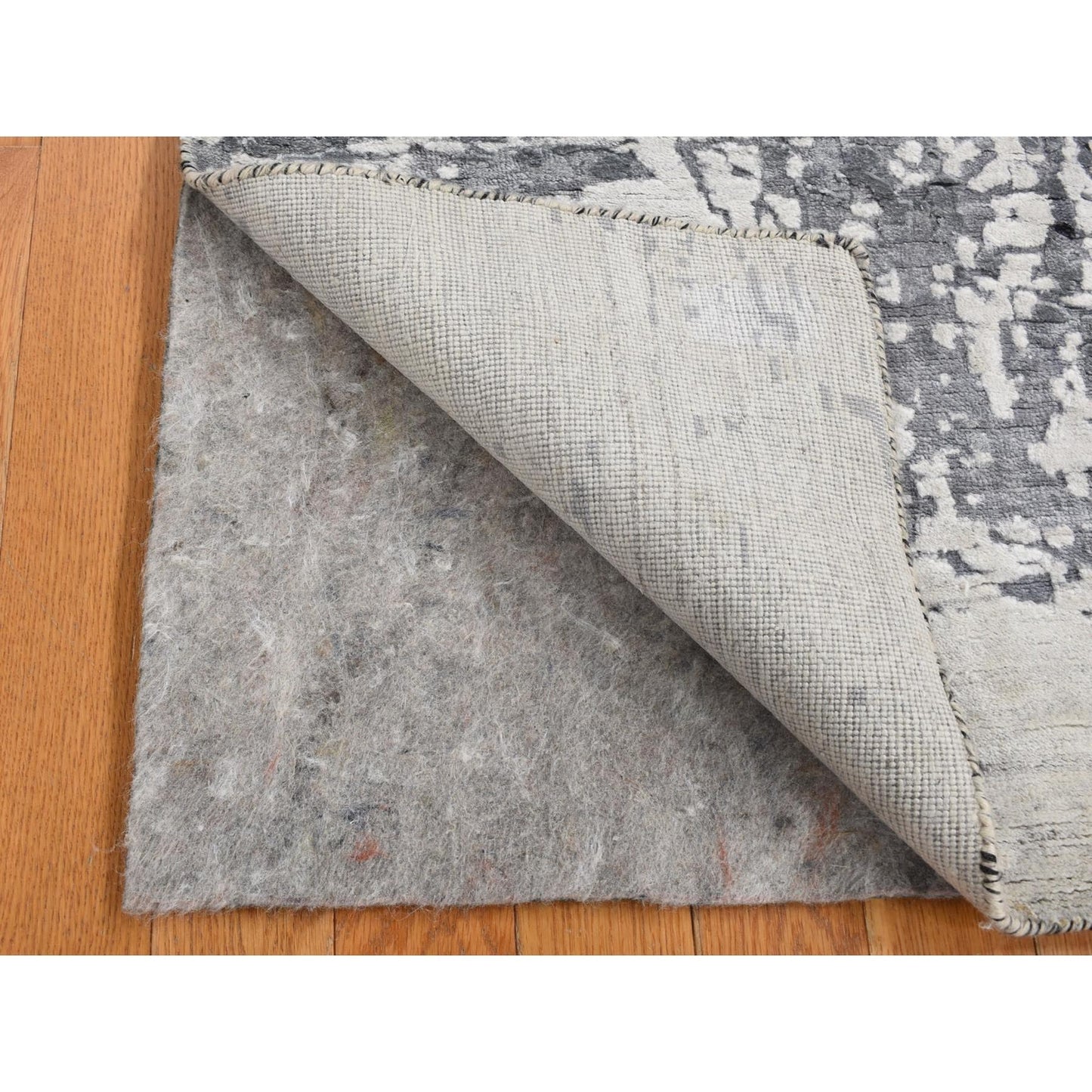 4'2"X13'1" Gray Abstract Design Wool & Silk Hand Knotted Wide Runner Rug