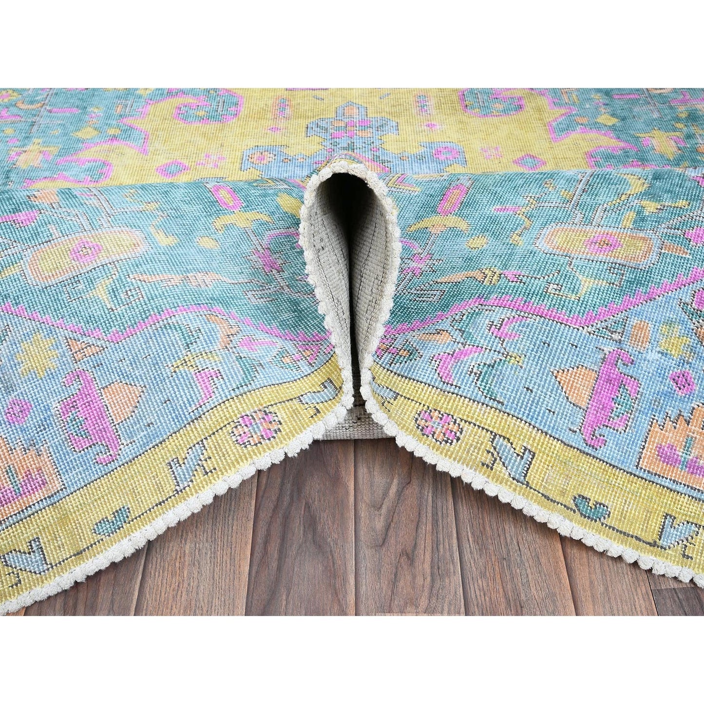 5'10"X9' Green Painted Vintage Zoroastrian Tebraz Hand Knotted Wool Rug