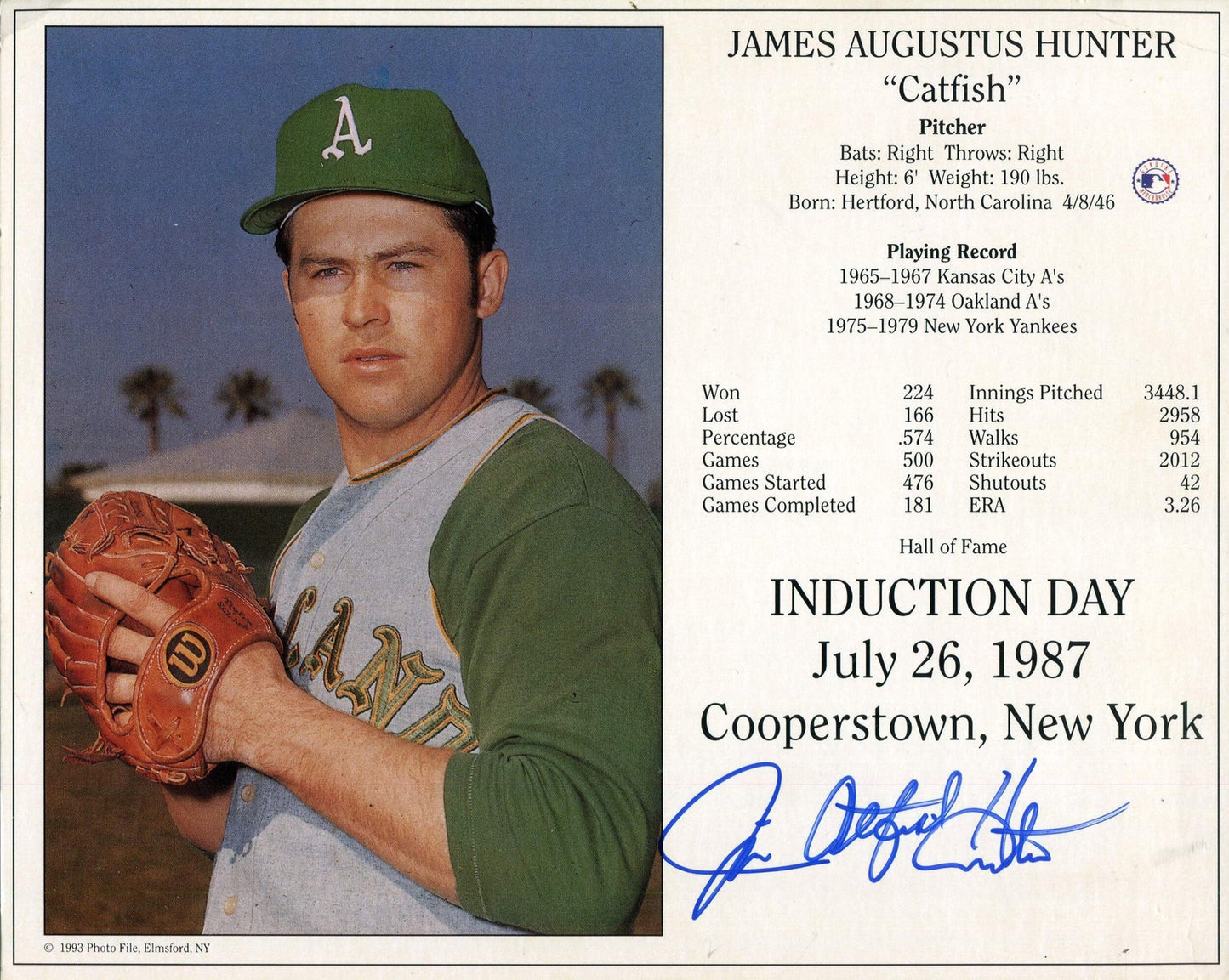 Jim "Catfish" Hunter Autographed 8X10 Photo