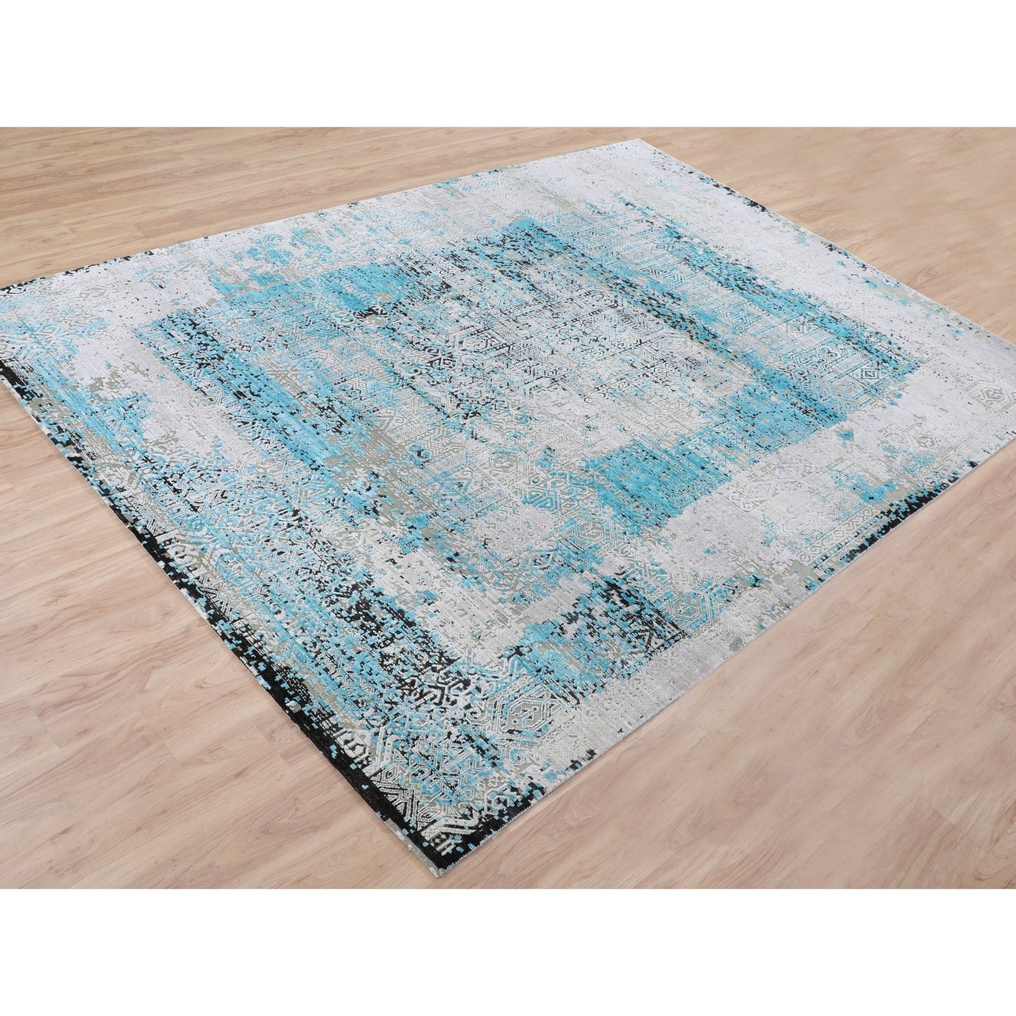 8'9"X11'10" Teal Blue Jewellery Design Silk With Textured Wool Rug