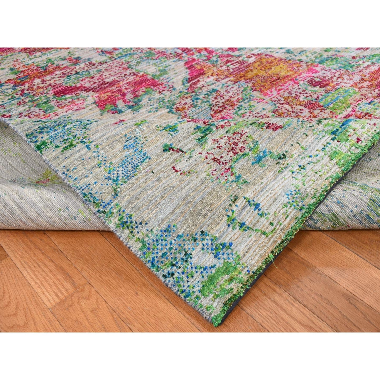 8'10"X12'2" Gray Abstract Design Sari Silk With Wool Hand Knotted Rug