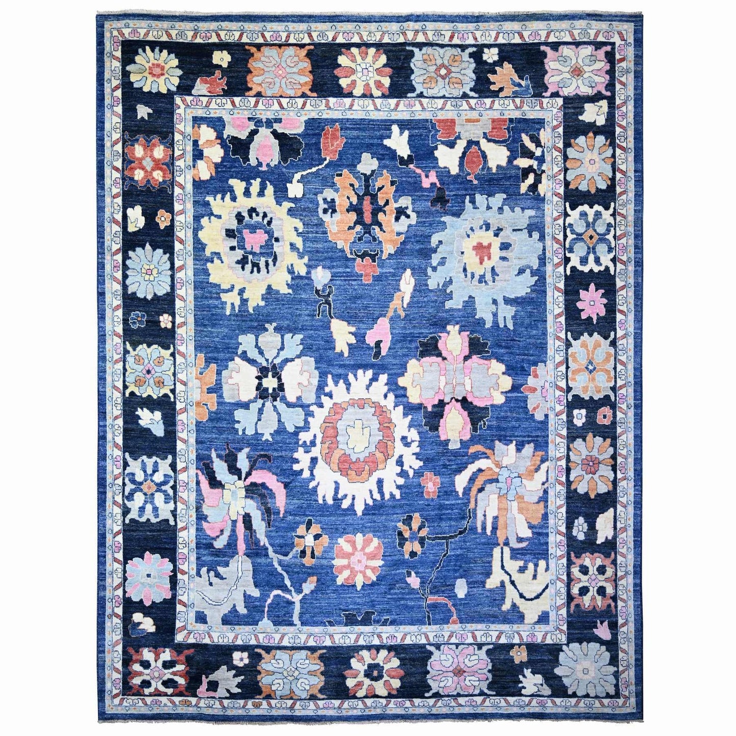 12'X15'2" Blue Pure Wool Hand Knotted Afghan Angora Oushak Oversized Rug