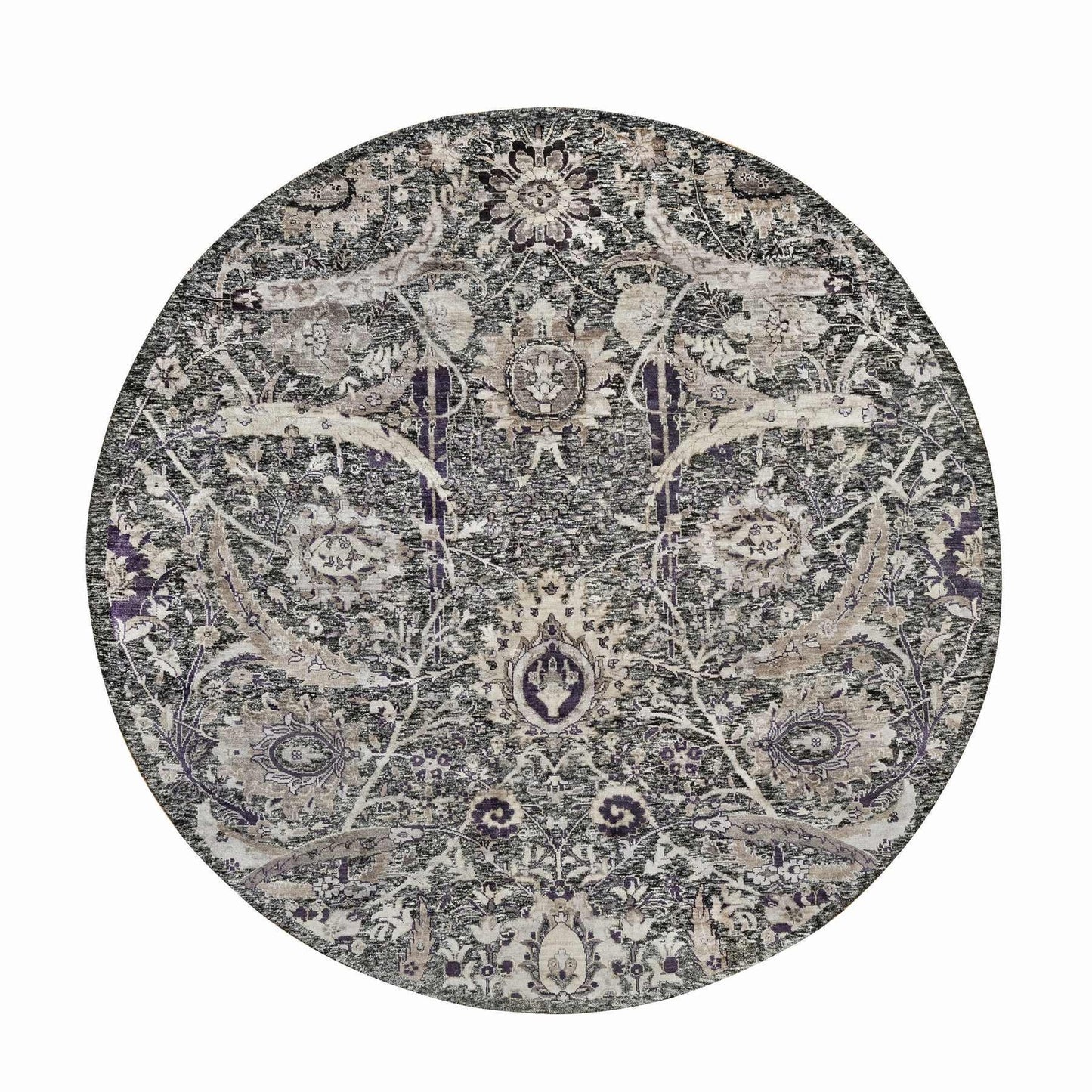 8'X8' Brown Hand Knotted Wool And Silk Sickle Leaf Round Oriental Rug