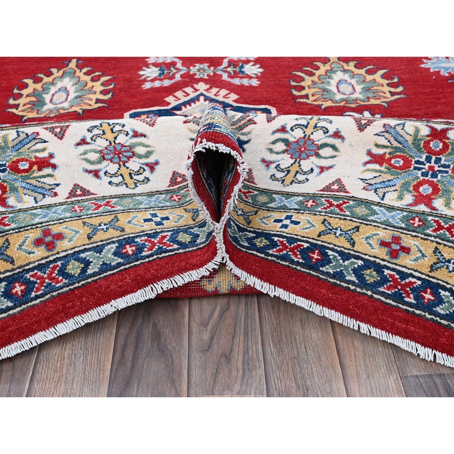 9'9"X14' Red Kazak With Tribal Medallions Design Hand Knotted Soft Wool Rug