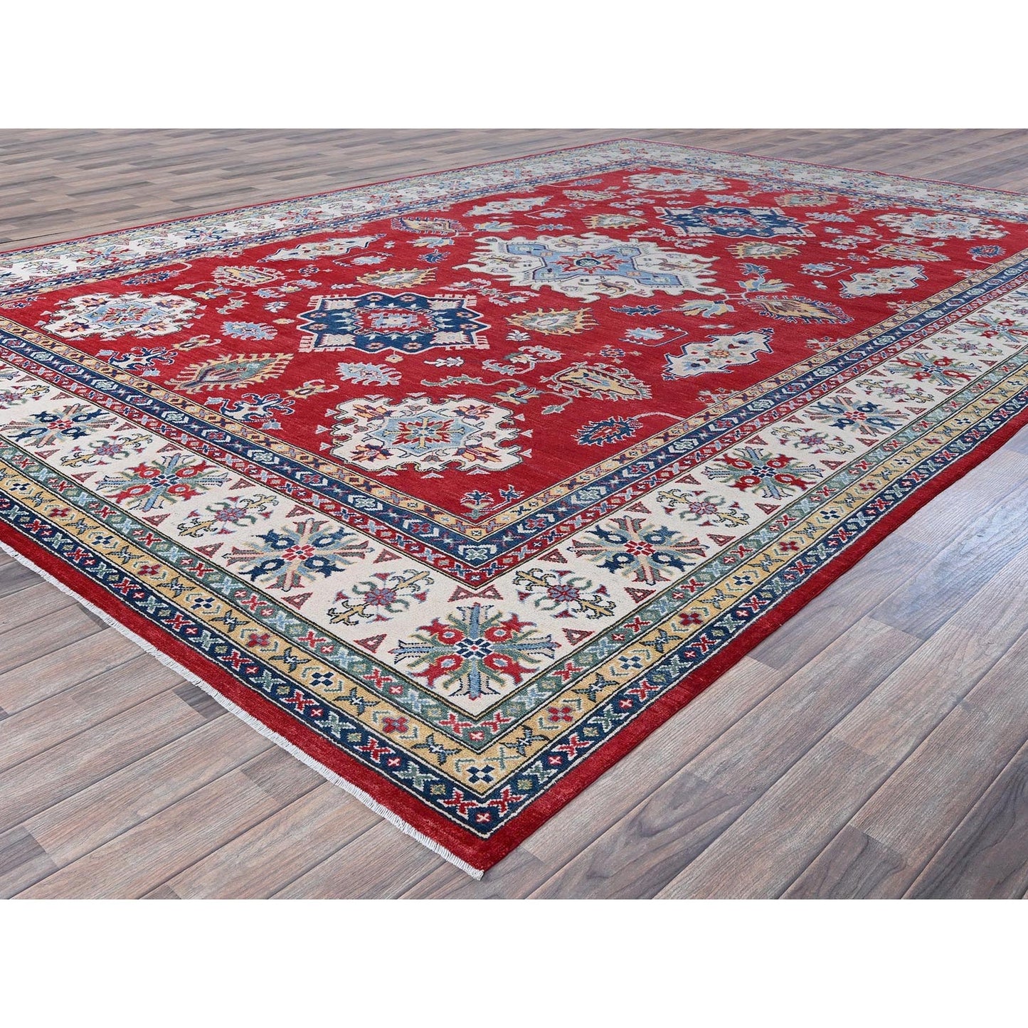 9'9"X14' Red Kazak With Tribal Medallions Design Hand Knotted Soft Wool Rug