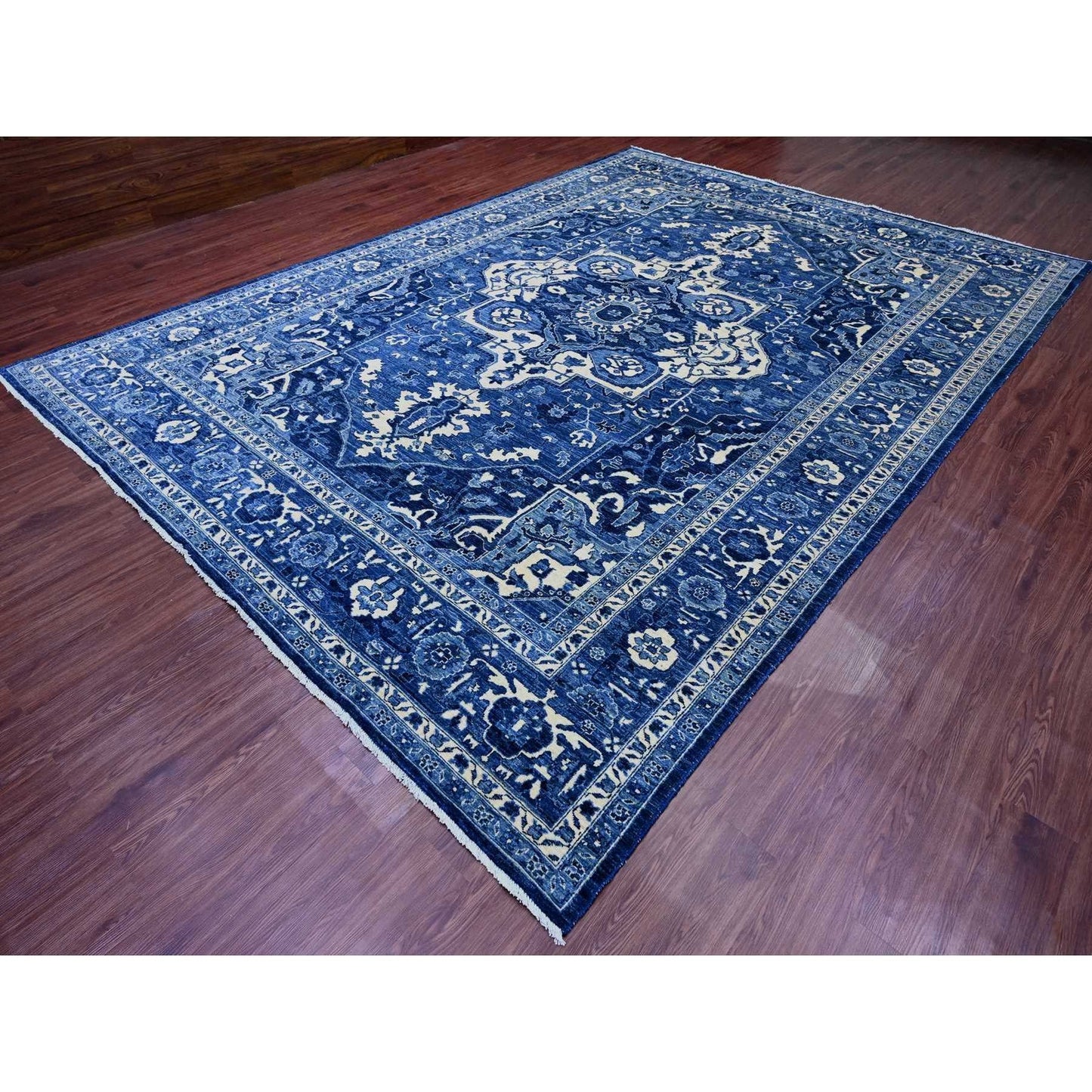 10'X13'10" Denim Blue Seeripe Heris Revival Ghazni Wool Hand Knotted Rug