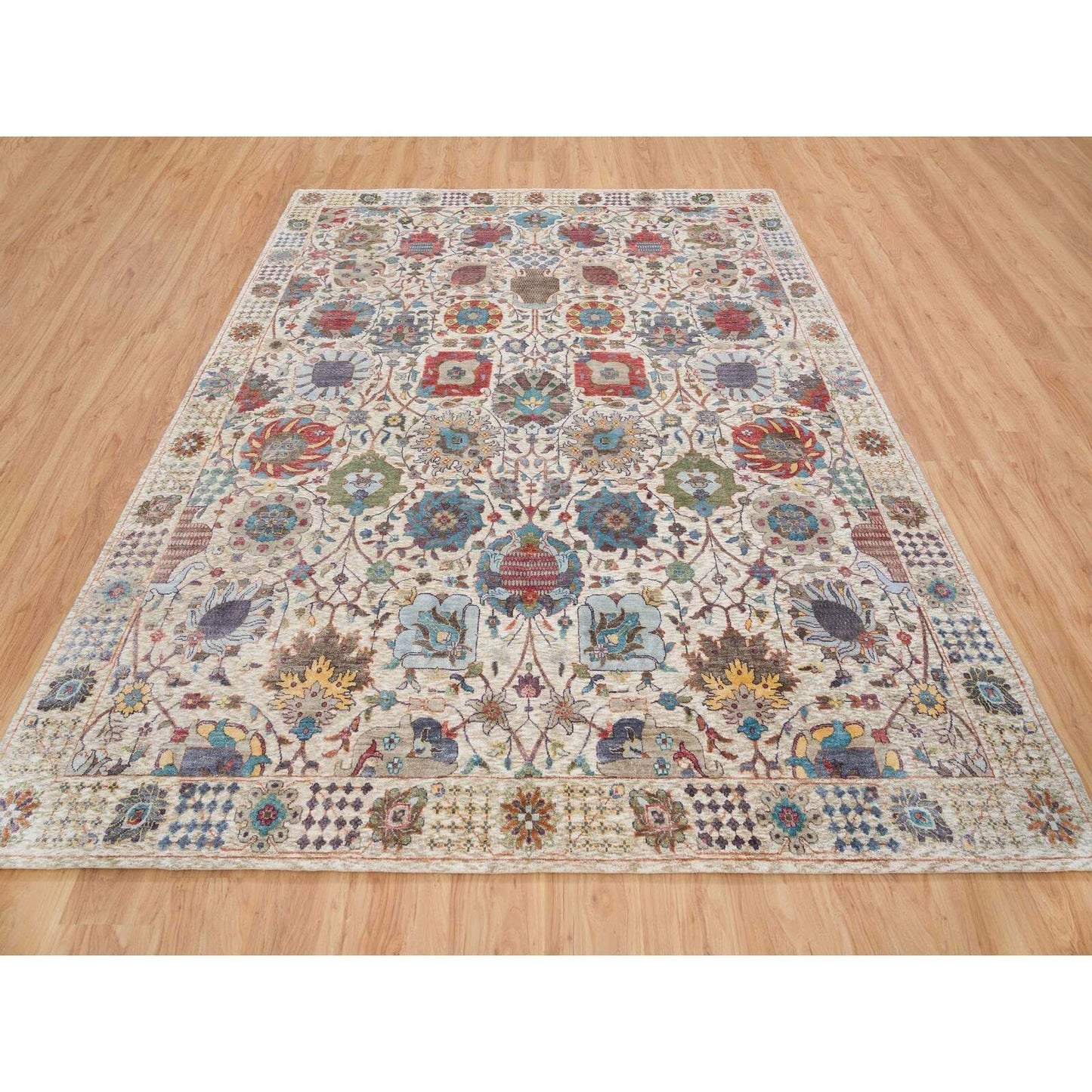 8'3"X10'3" Ivory Hand Knotted Tebraz Vase Silk With Wool Rug