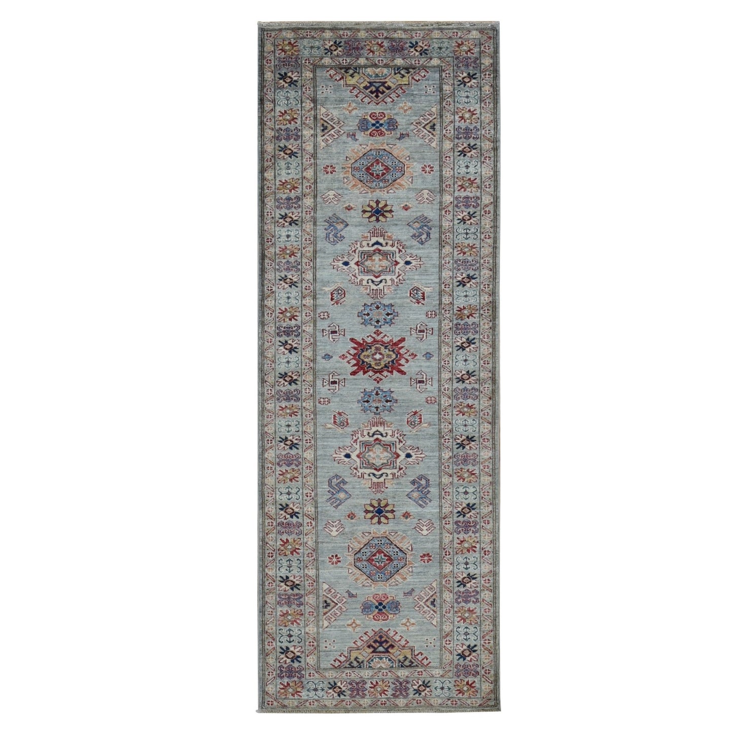 2'10"X8' Light Gray Afghan Super Kazak Hand Knotted Pure Wool Runner Rug