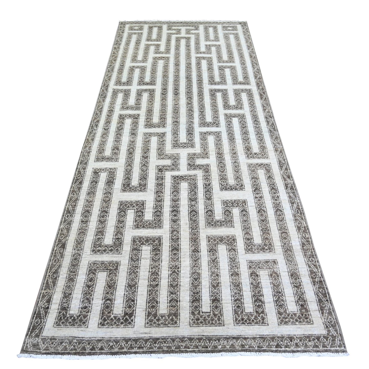 3'10"X9'7" Taupe Brown Hand Knotted Wool Fine Peshawar Oriental Rug