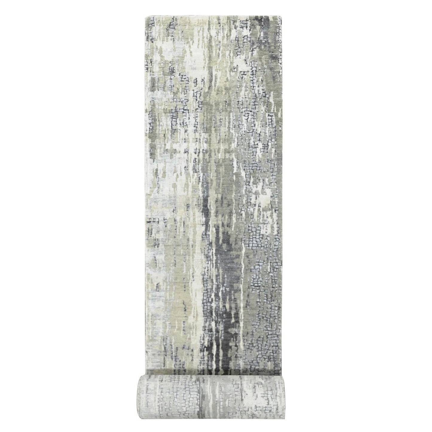 2'8"X25'7" Gray Abstract Design Wool And Silk Hand Knotted Xl Runner Rug