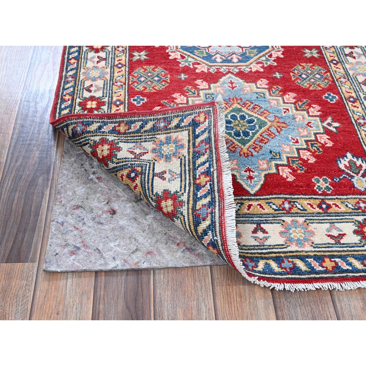 2'9"X6'8" Red Kazak With Medallions Design Hand Knotted All Wool Runner Rug