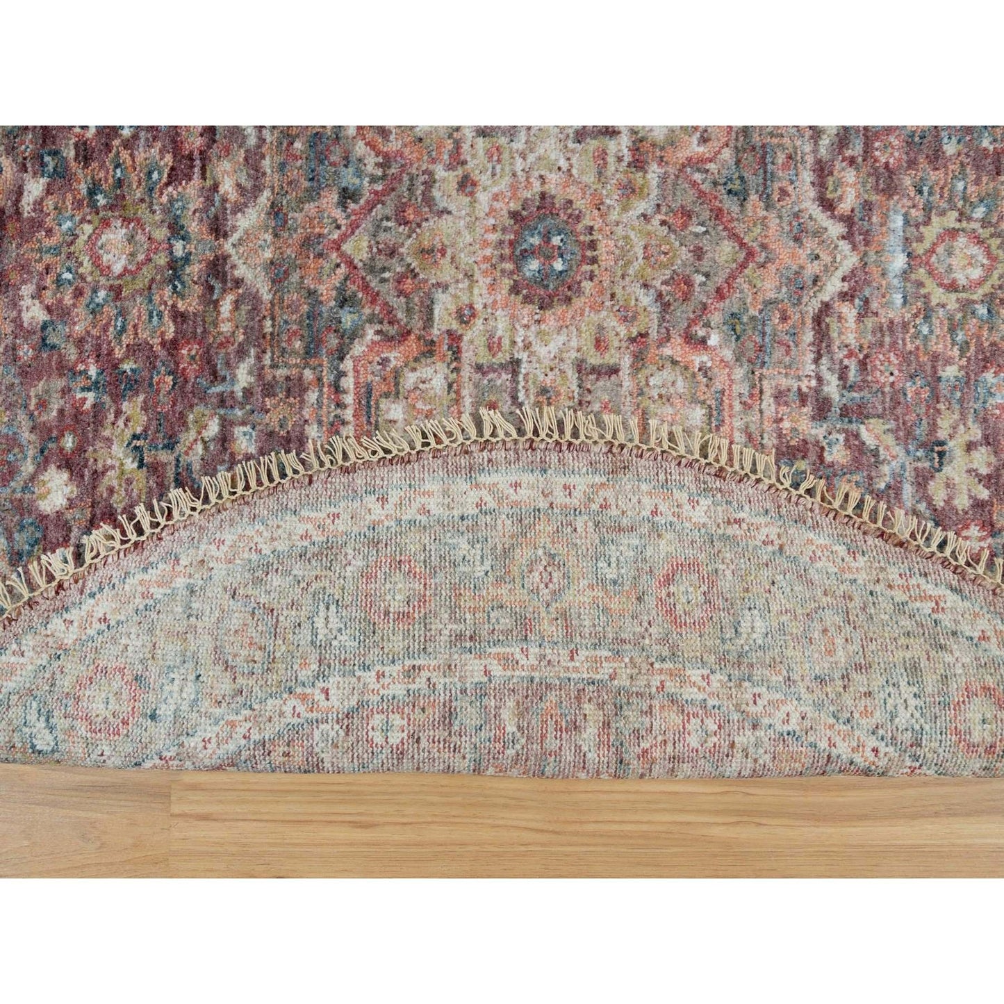 5'X5' Garnet Red Heriz Revival Pure Wool Hand Knotted Round Oriental Rug