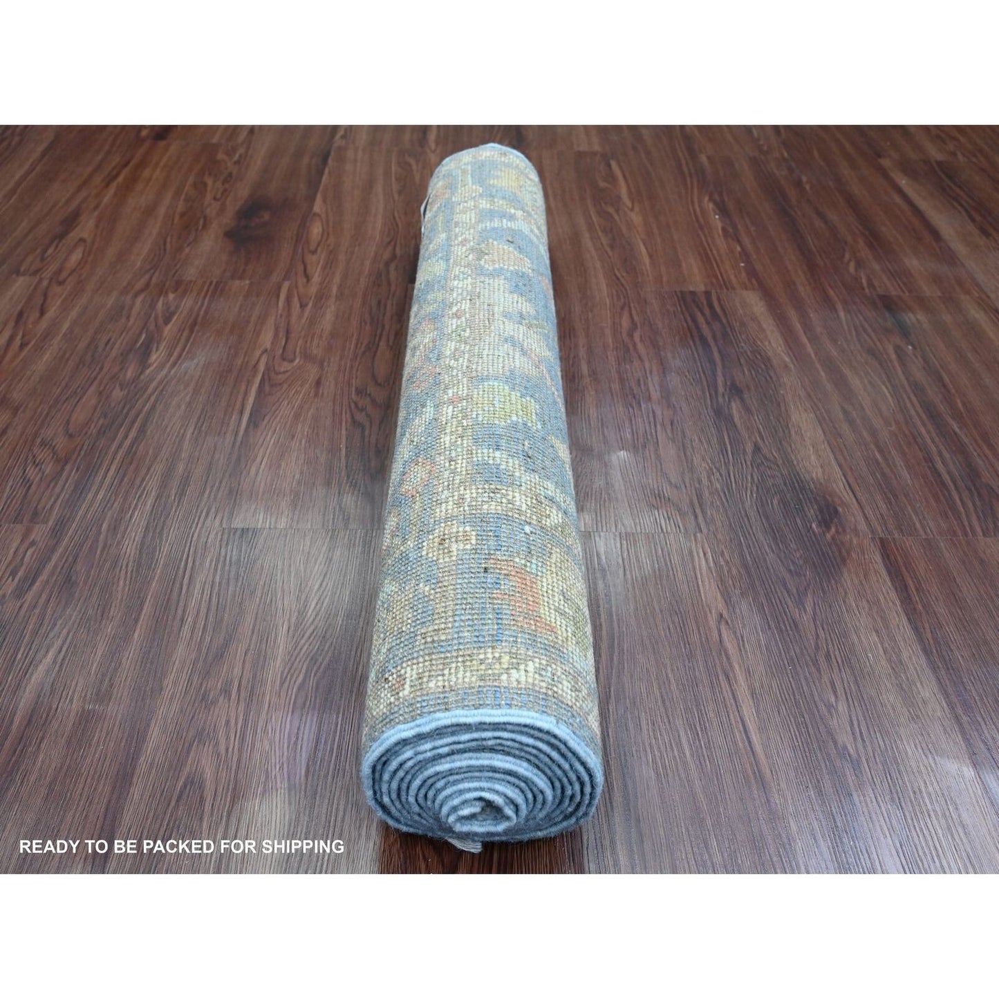 2'9"X9'9" Blue Hand Knotted Angora Oushak Leaf Design All Wool Runner Rug