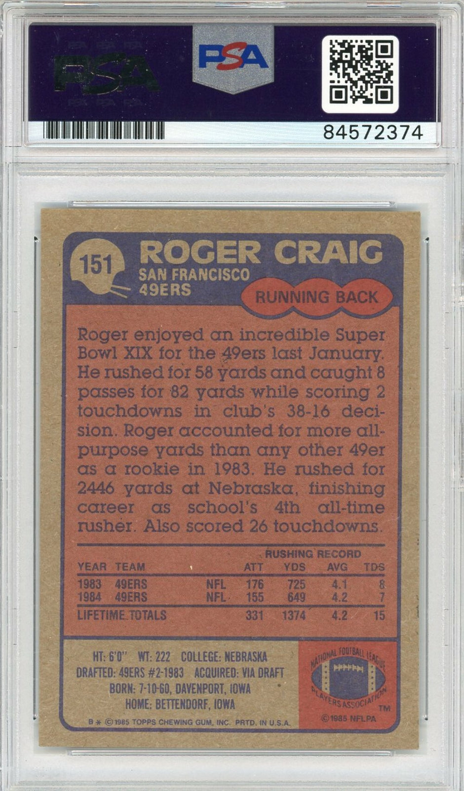 Roger Craig Autographed 1985 Topps Card (Psa)
