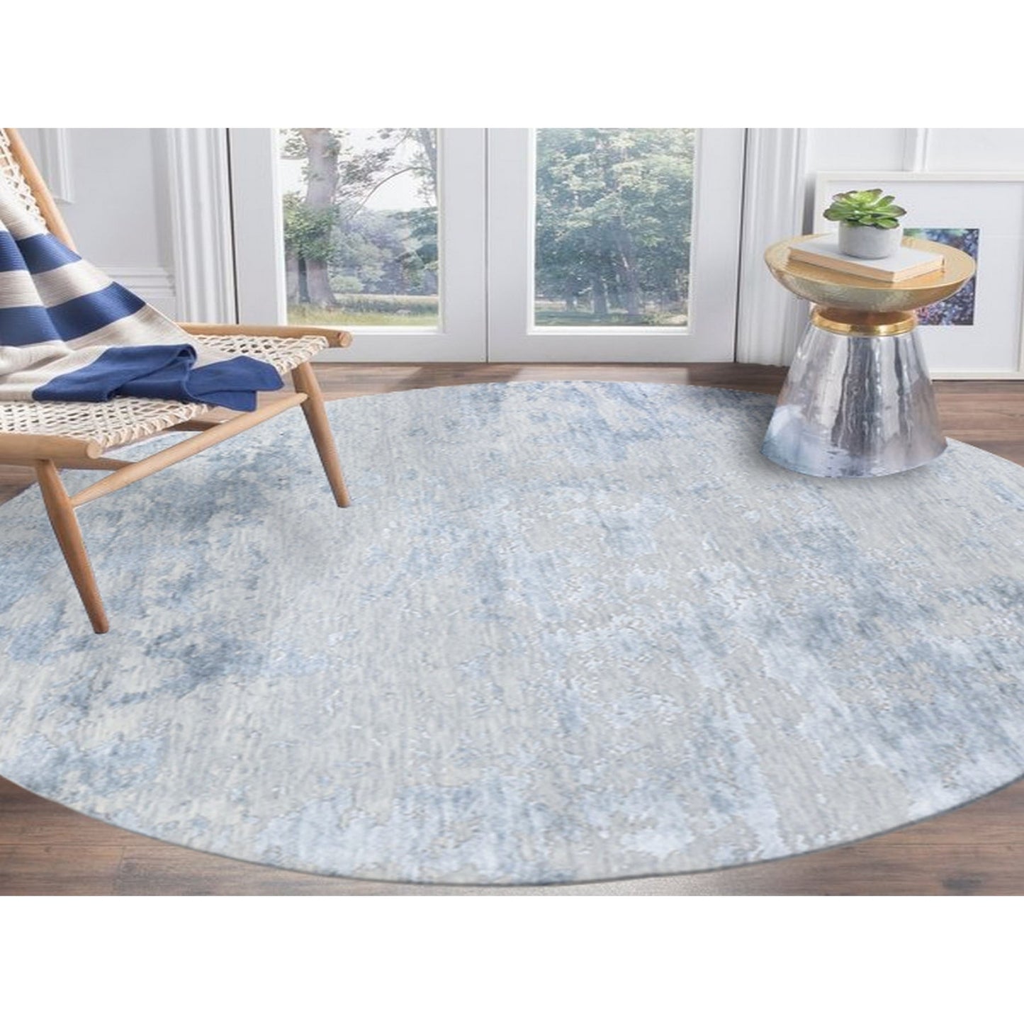 7'10"X7'10" Round Abstract Wool & Silk Denser Weave Hand Knotted Rug