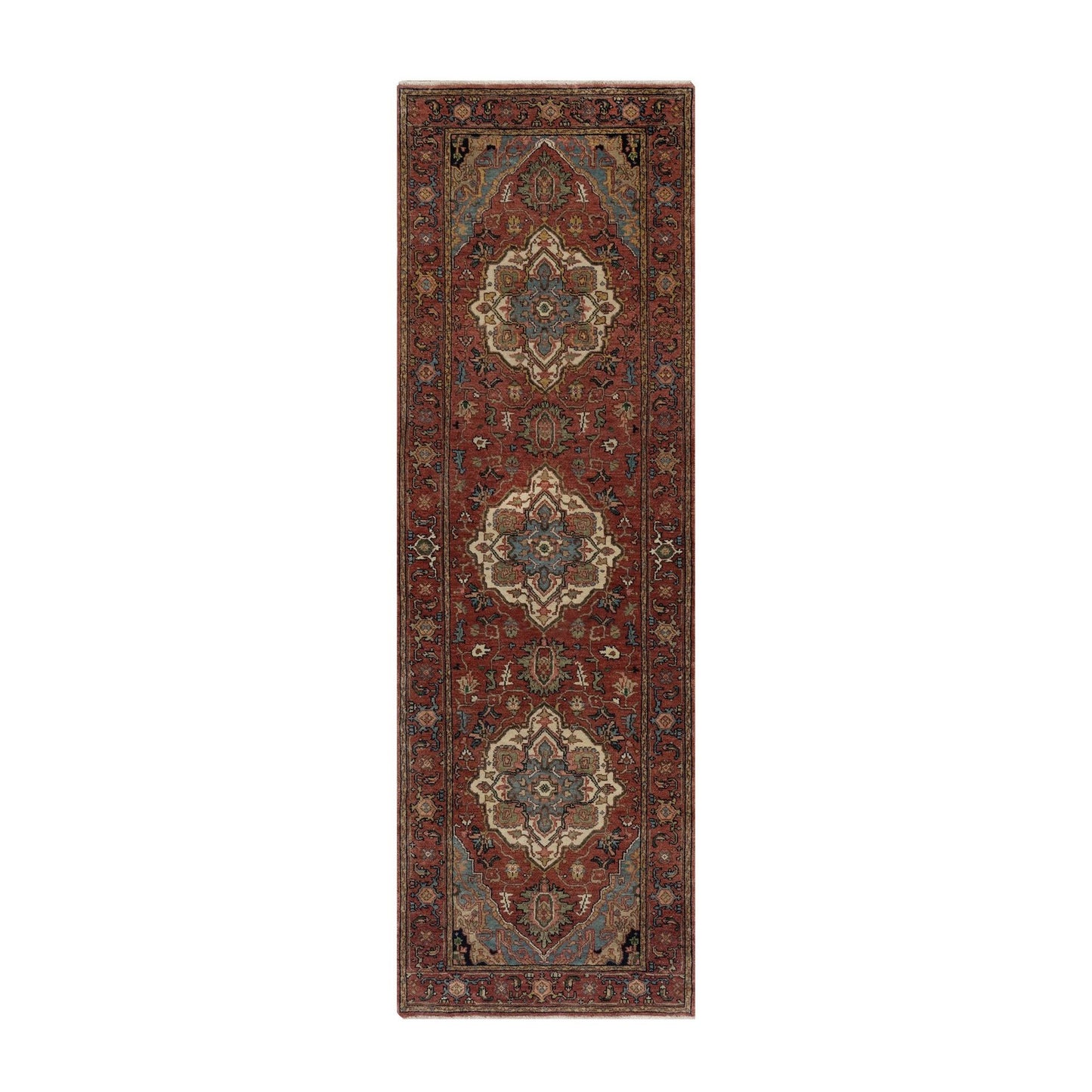 2'6"X8' Red Antiqued Heris Re-Creation Hand Knotted Soft Wool Runner Rug