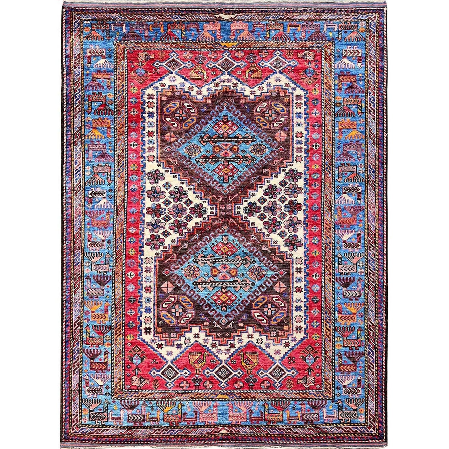 6'X7'8" Ivory Afghan Caucasian Design Revival Soft Wool Hand Knotted Rug