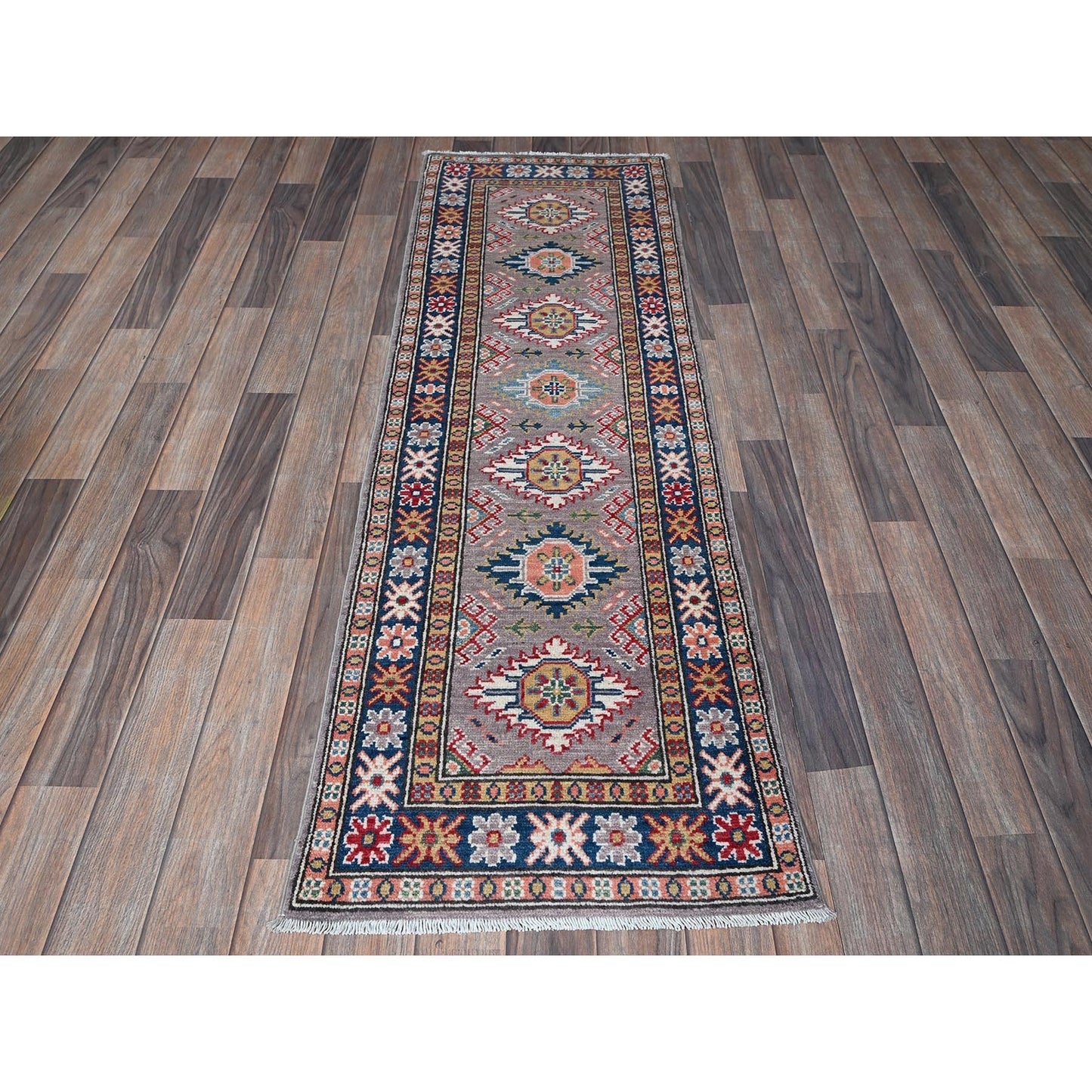 2'X5'9" Brown Kazak With Tribal Design Hand Knotted Soft Wool Runner Rug