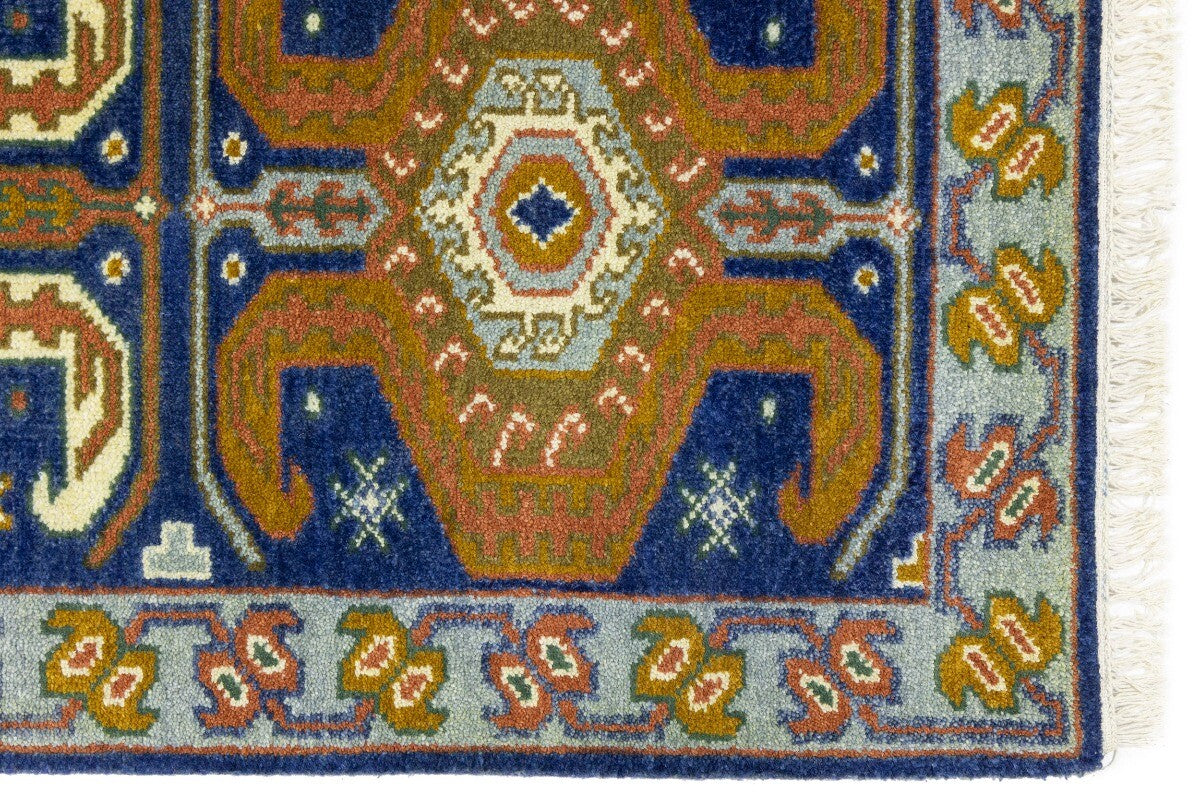 Navy Blue Geometric Tribal Kazak Rug Wool