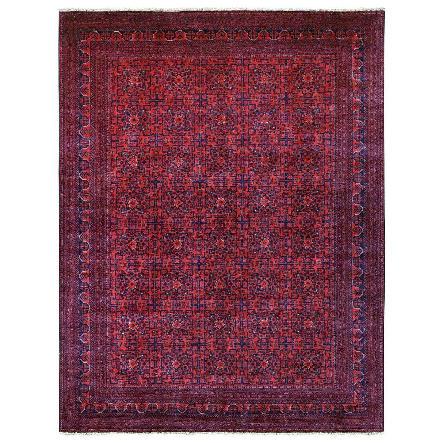 9'10"X12'10" Red Hand Knotted Afghan Khamyab Geometric Design Wool Rug