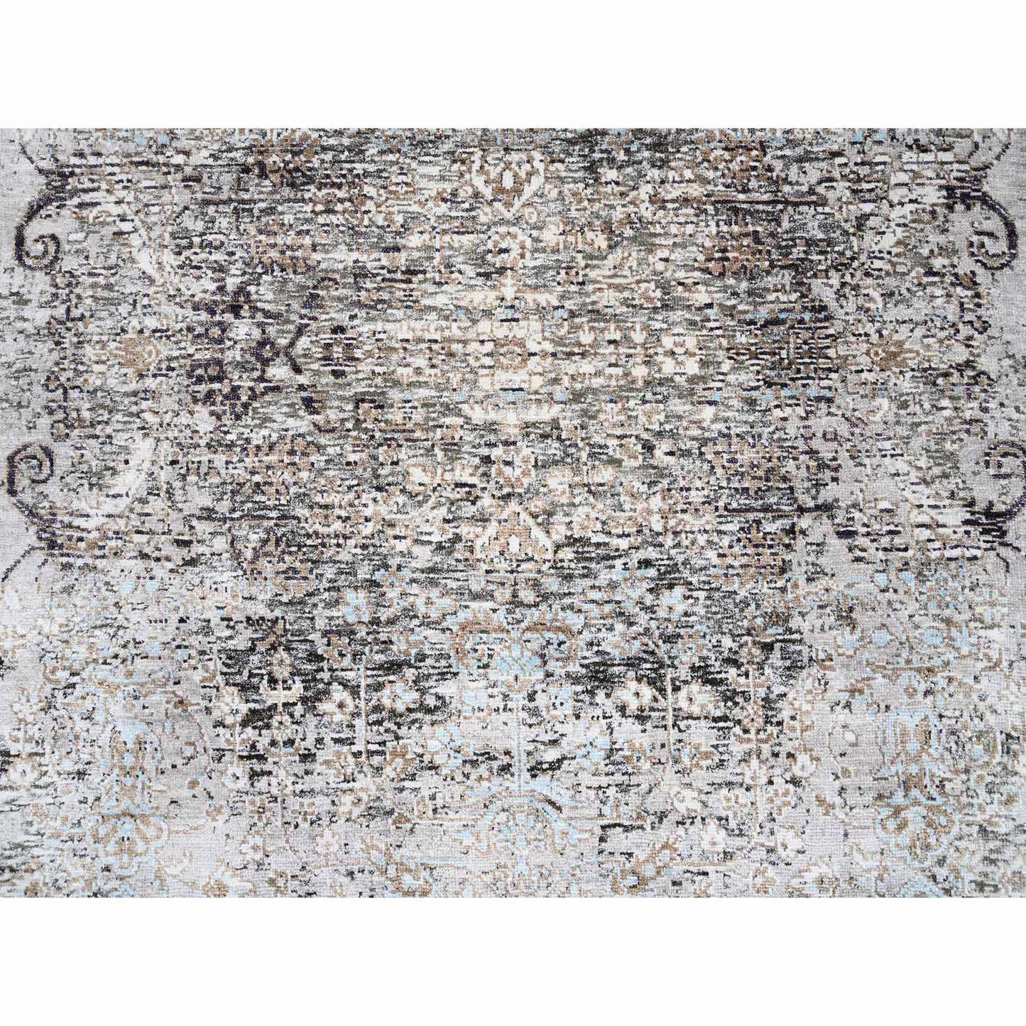 4'X12' Gray Transitional Silk/Wool Hand Knotted Wide Runner Oriental Rug