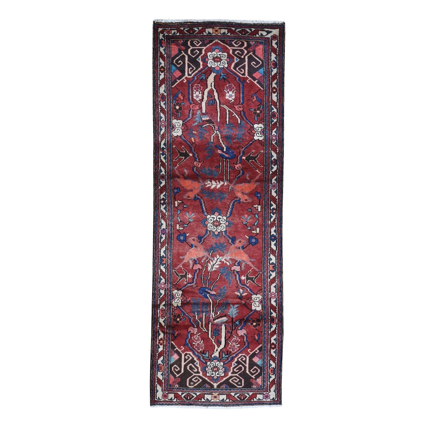 3'5"X9'7" New Farsian Baktiarjoon With Deer Figurines Handmade Runner Rug