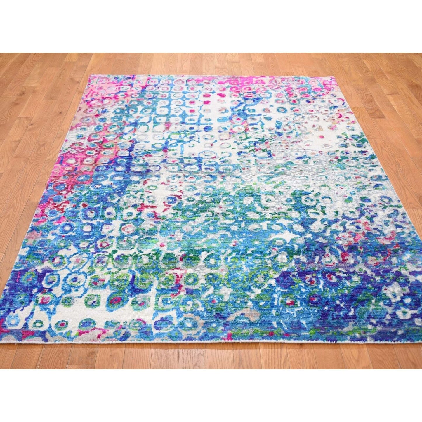 5'X7'3" The Peacock Sari Silk Colorful Hand Knotted Oriental Rug