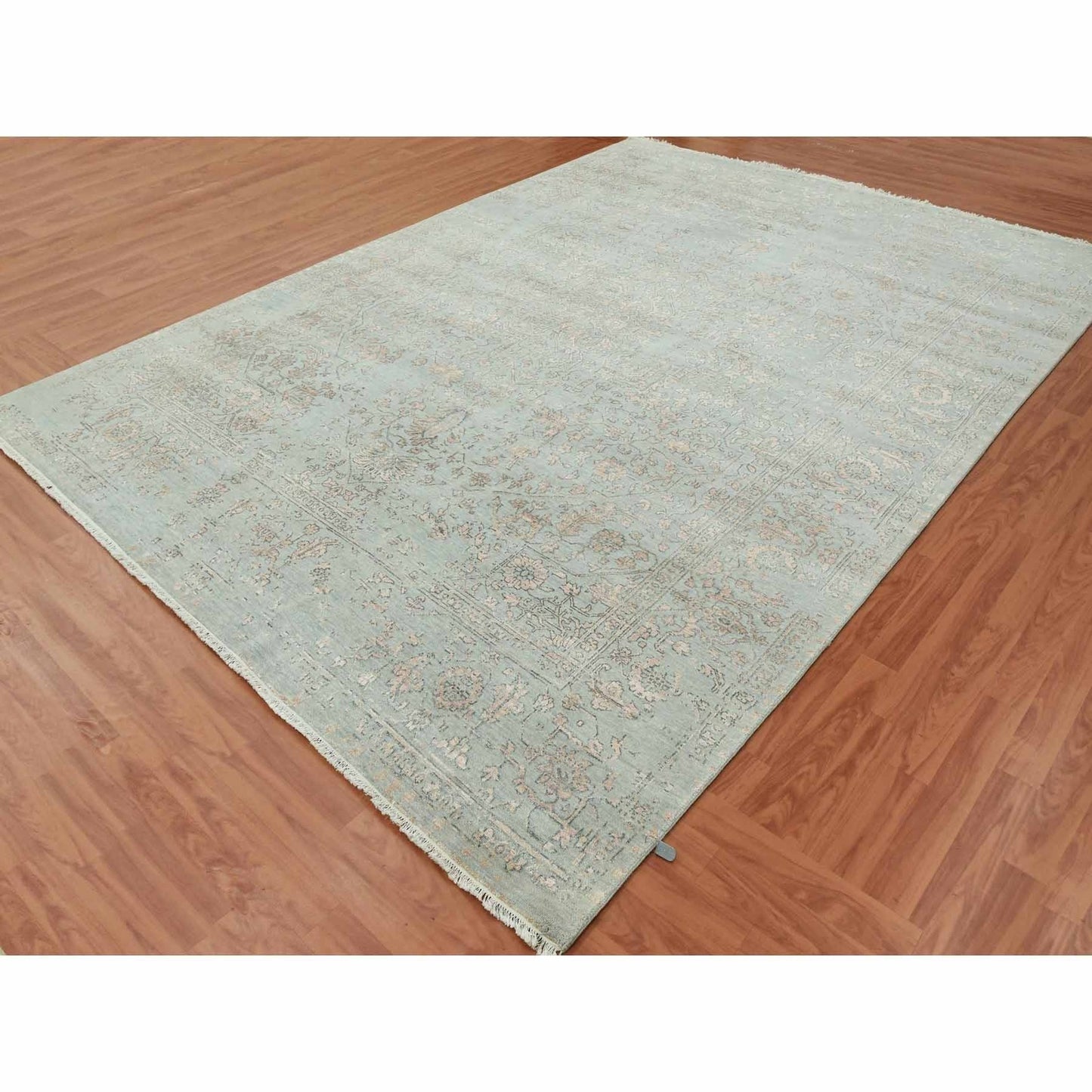 9'X12' Gray Zoroastrian Seeripe Design Wool And Silk Hand Knotted Rug
