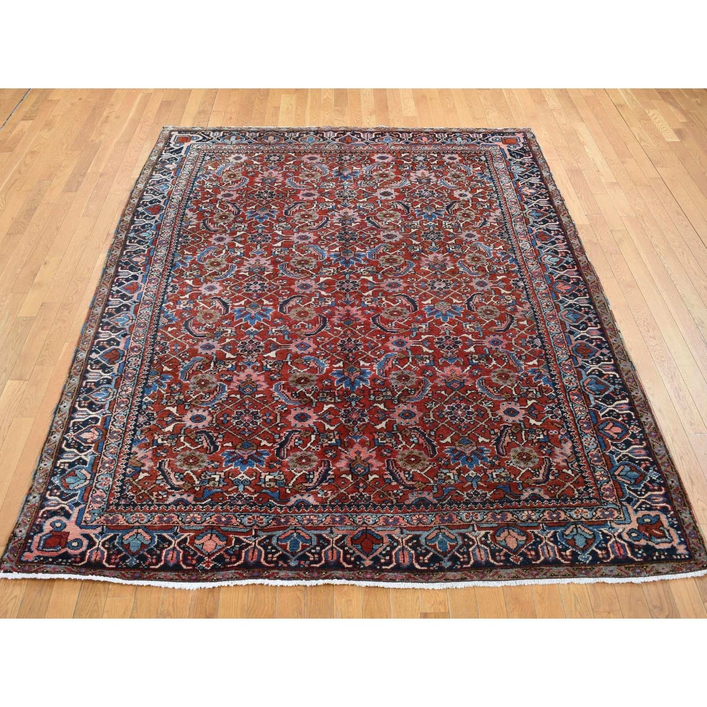 7'3"X9'7" Red Antique Zoroastrian Heris Hand Knotted Pure Wool Clean Rug