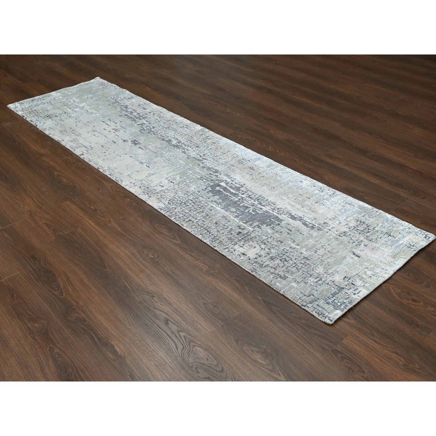 2'7"X9'10" Gray Abstract Design Wool And Silk Hand Knotted Runner Rug