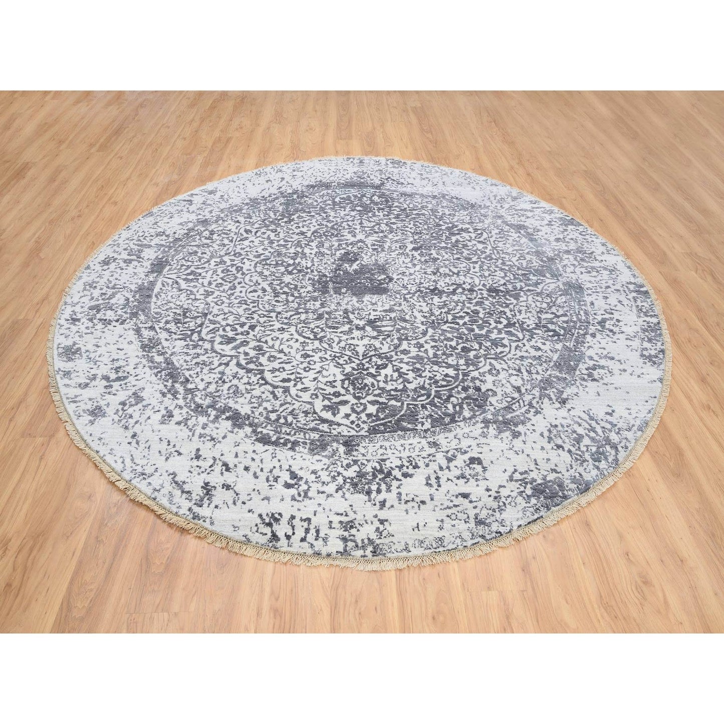 9'9"X9'9" Gray Erased Farsian Design Wool/Silk Hand Knotted Round Rug