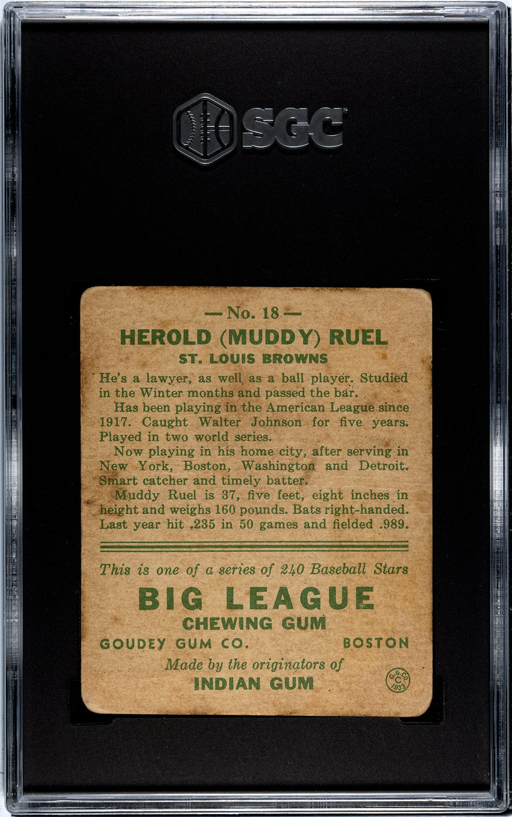 Muddy Ruel 1933 Goudey #18 Sgc 2