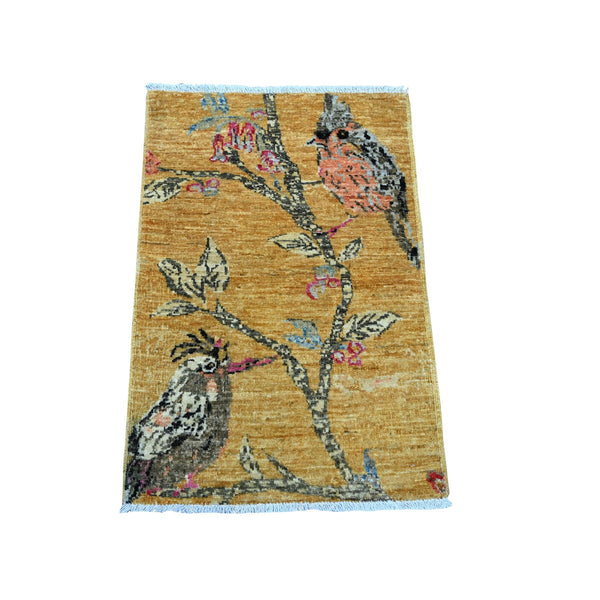 1'10'X2'9" Brown Hand Knotted Sparrows On The Tree High Mountain Wool Rug
