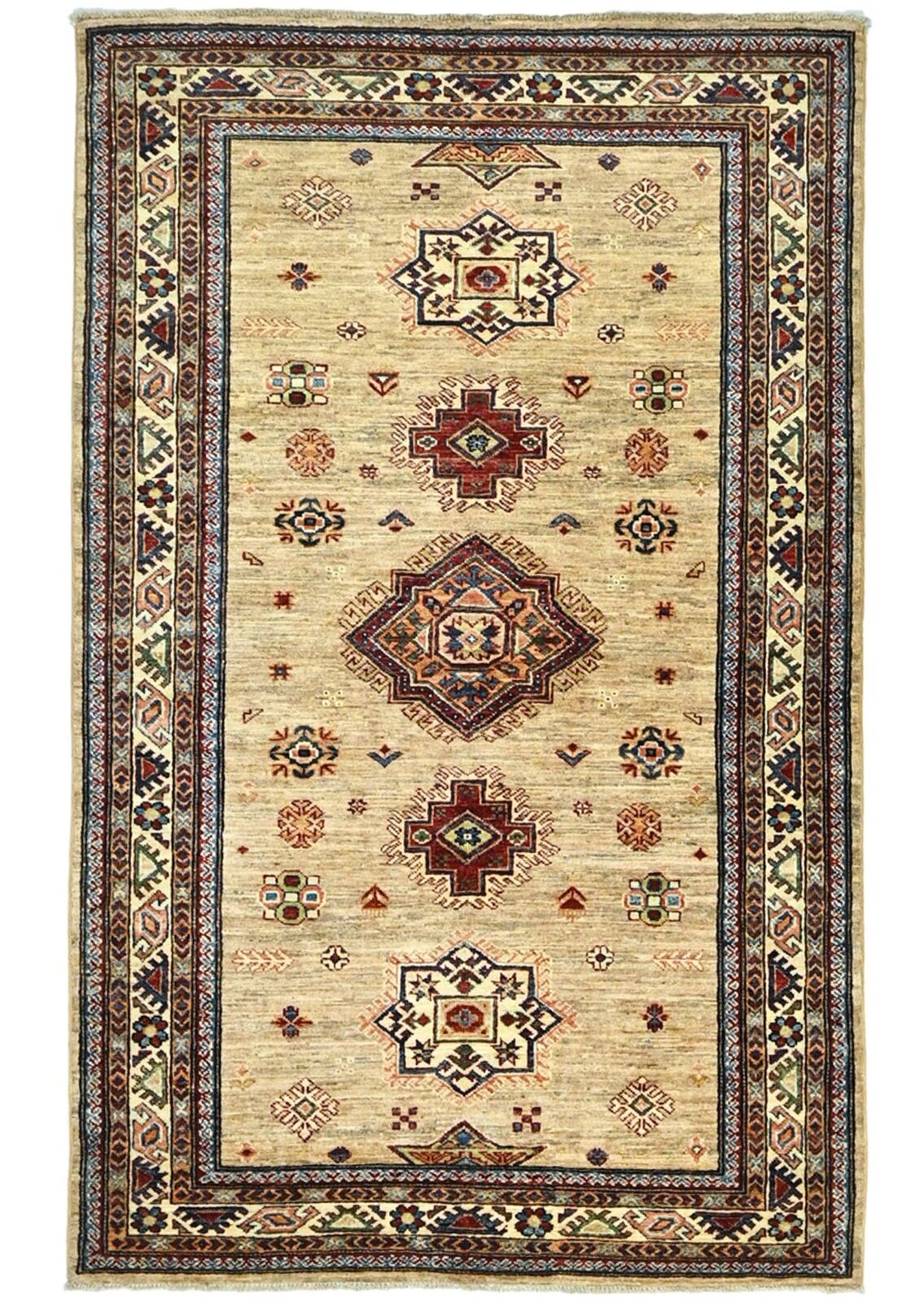 4X6 Ft Kazak Wool Area Rug Tribal Geometric Style