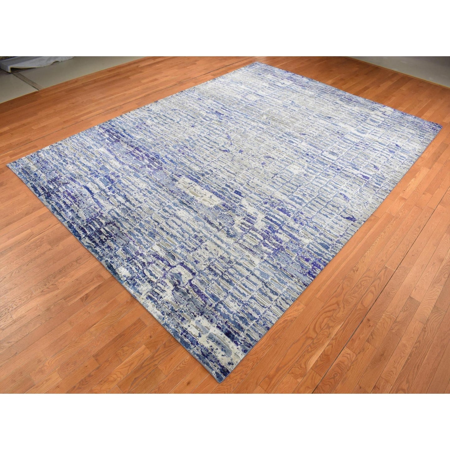 9'X12'2" Blue Diminishing Bricks Design Sari Silk Hand Knotted Rug