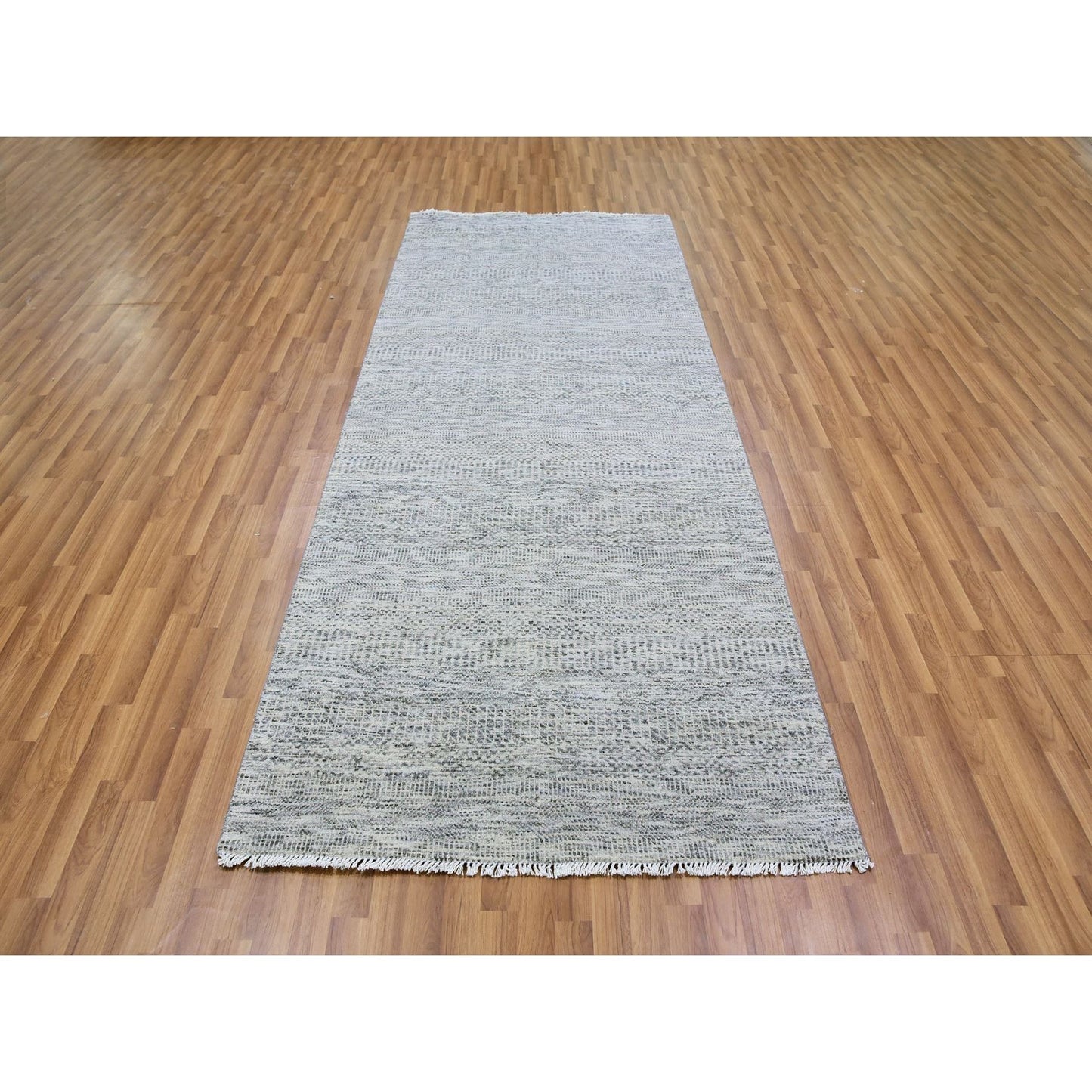 4'X10'1" Gray 100% Undyed Wool Grass Design Hand Knotted Wide Runner Rug