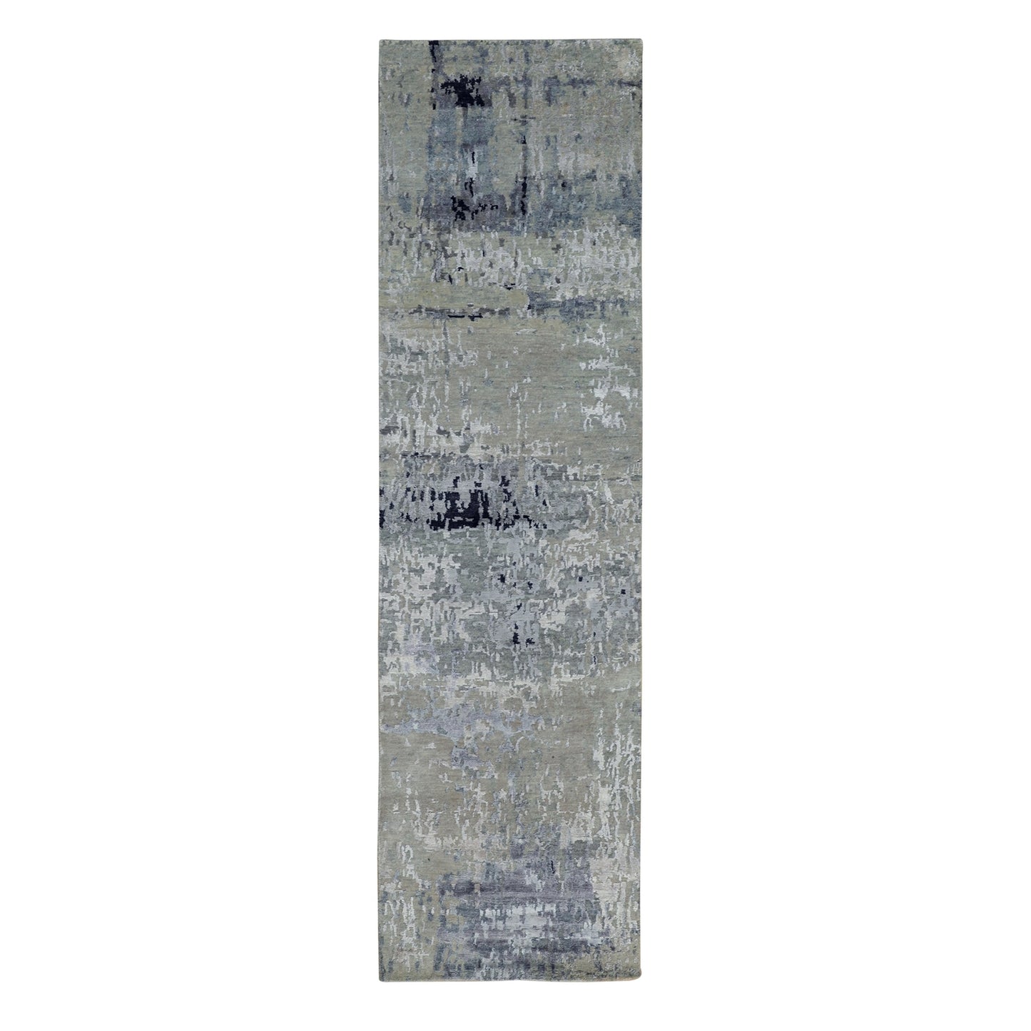 2'7"X9'9" Silver Blue Silk Modern Abstract Design Handknotted Runner Rug